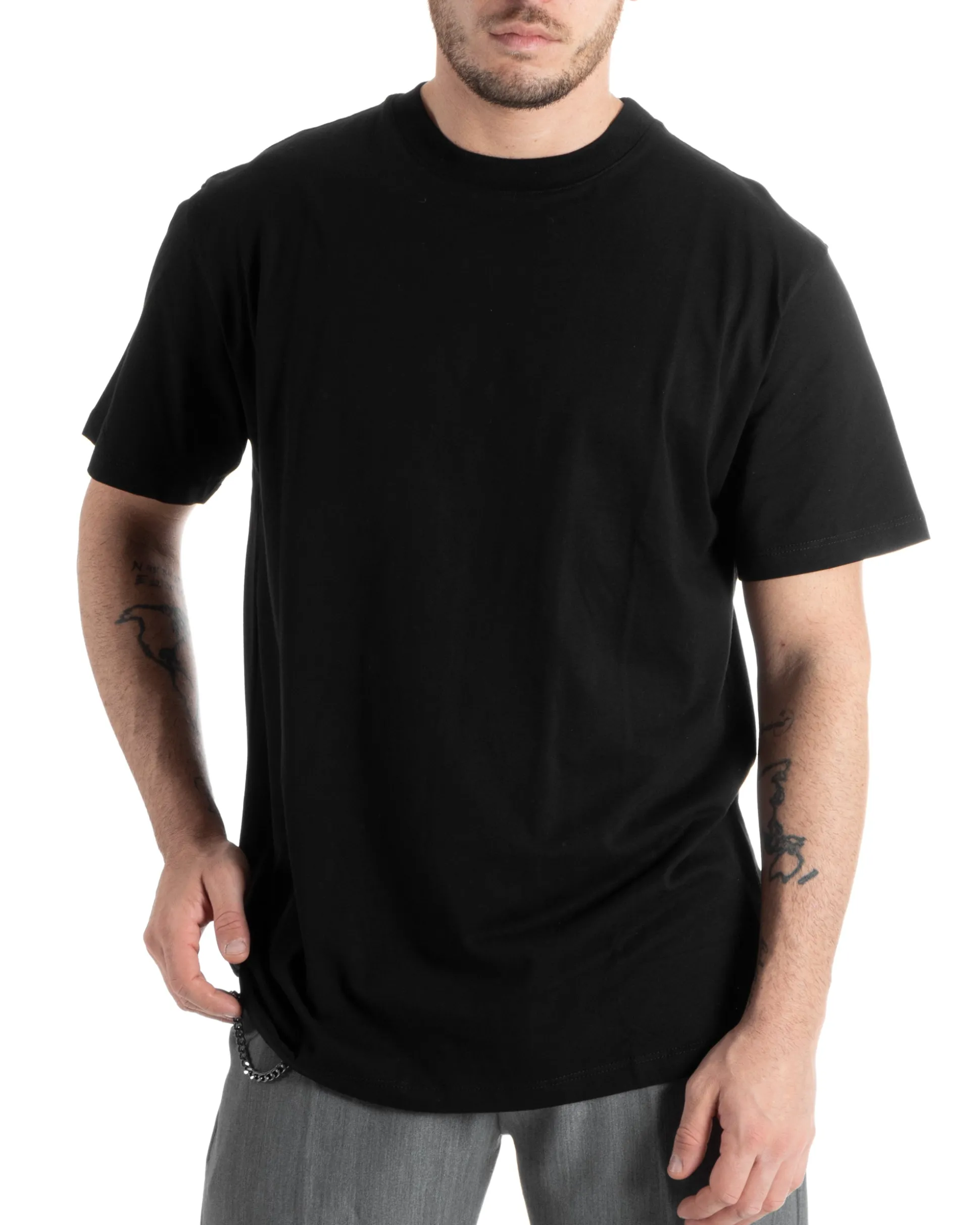 T-shirt Uomo Cotone Girocollo Gola Alta Basic Tinta Unita Nero TS2983A
