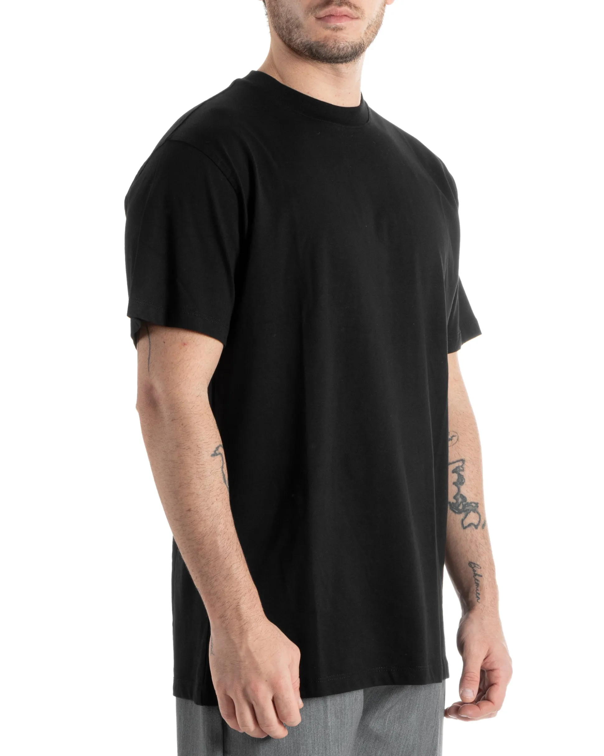 T-shirt Uomo Cotone Girocollo Gola Alta Basic Tinta Unita Nero TS2983A
