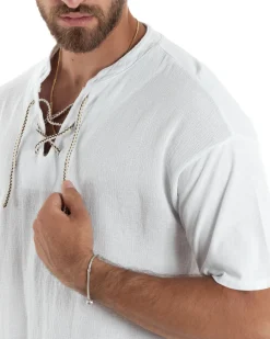 T-Shirt Uomo Cotone Regular Fit Collo Alla Coreana Con Laccio Scollo A V Casual Tinta Unita Bianco GIOSAL-TS3066A