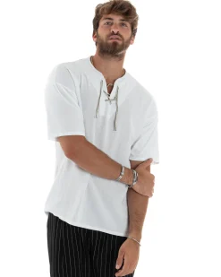 T-Shirt Uomo Cotone Regular Fit Collo Alla Coreana Con Laccio Scollo A V Casual Tinta Unita Bianco GIOSAL-TS3066A
