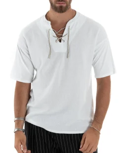 T-Shirt Uomo Cotone Regular Fit Collo Alla Coreana Con Laccio Scollo A V Casual Tinta Unita Bianco GIOSAL-TS3066A