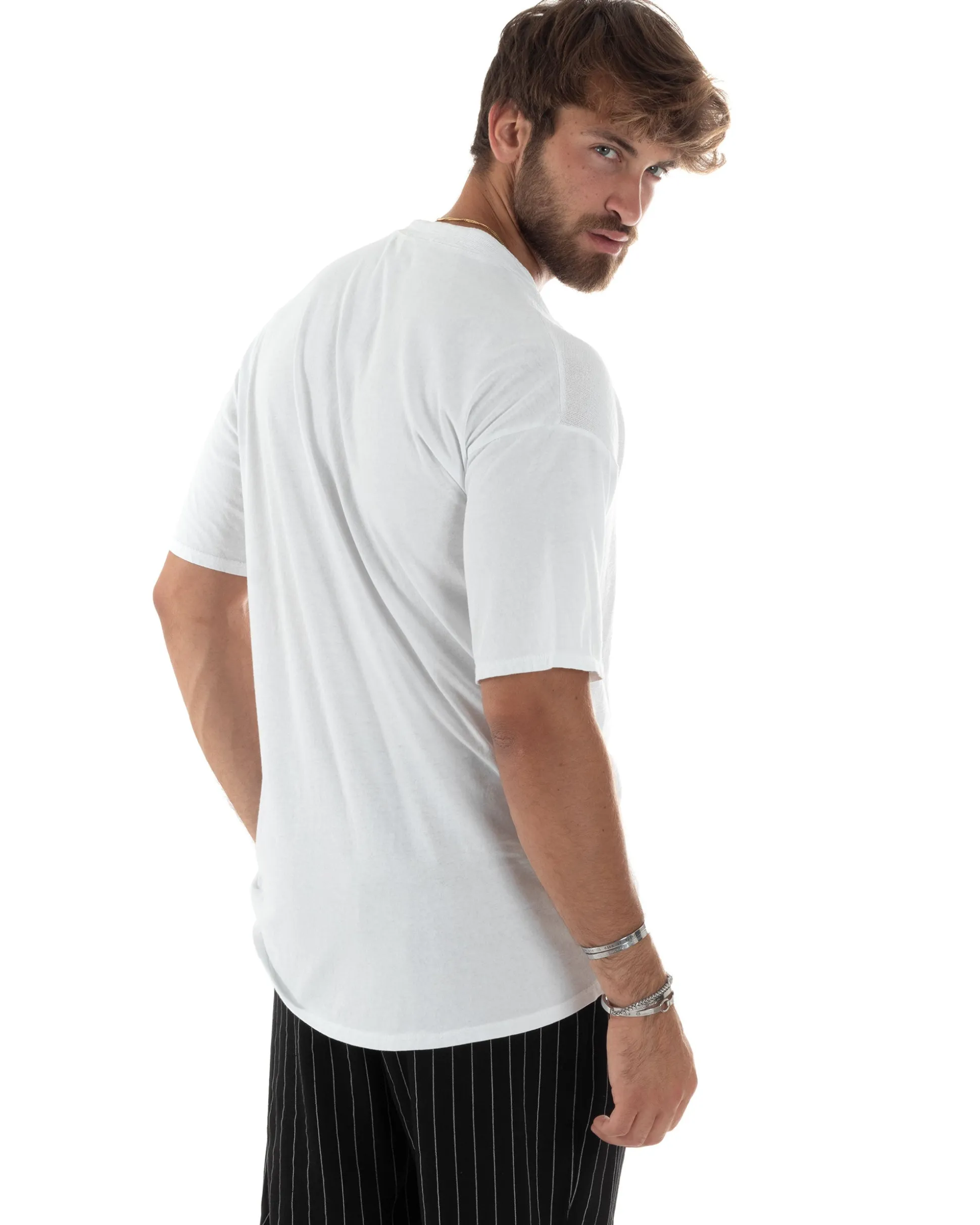 T-Shirt Uomo Cotone Regular Fit Collo Alla Coreana Con Laccio Scollo A V Casual Tinta Unita Bianco GIOSAL-TS3066A