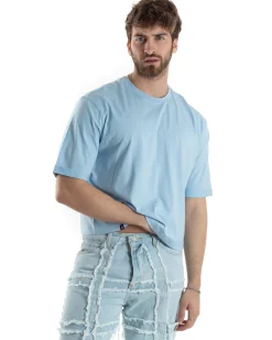 T-shirt Uomo Cropped Corta Boxy Fit Tinta Unita Celeste TS3006A