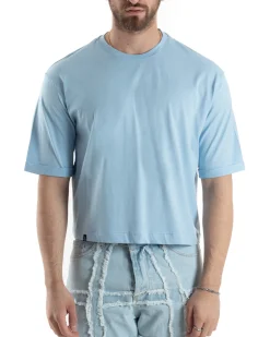T-shirt Uomo Cropped Corta Boxy Fit Tinta Unita Celeste TS3006A