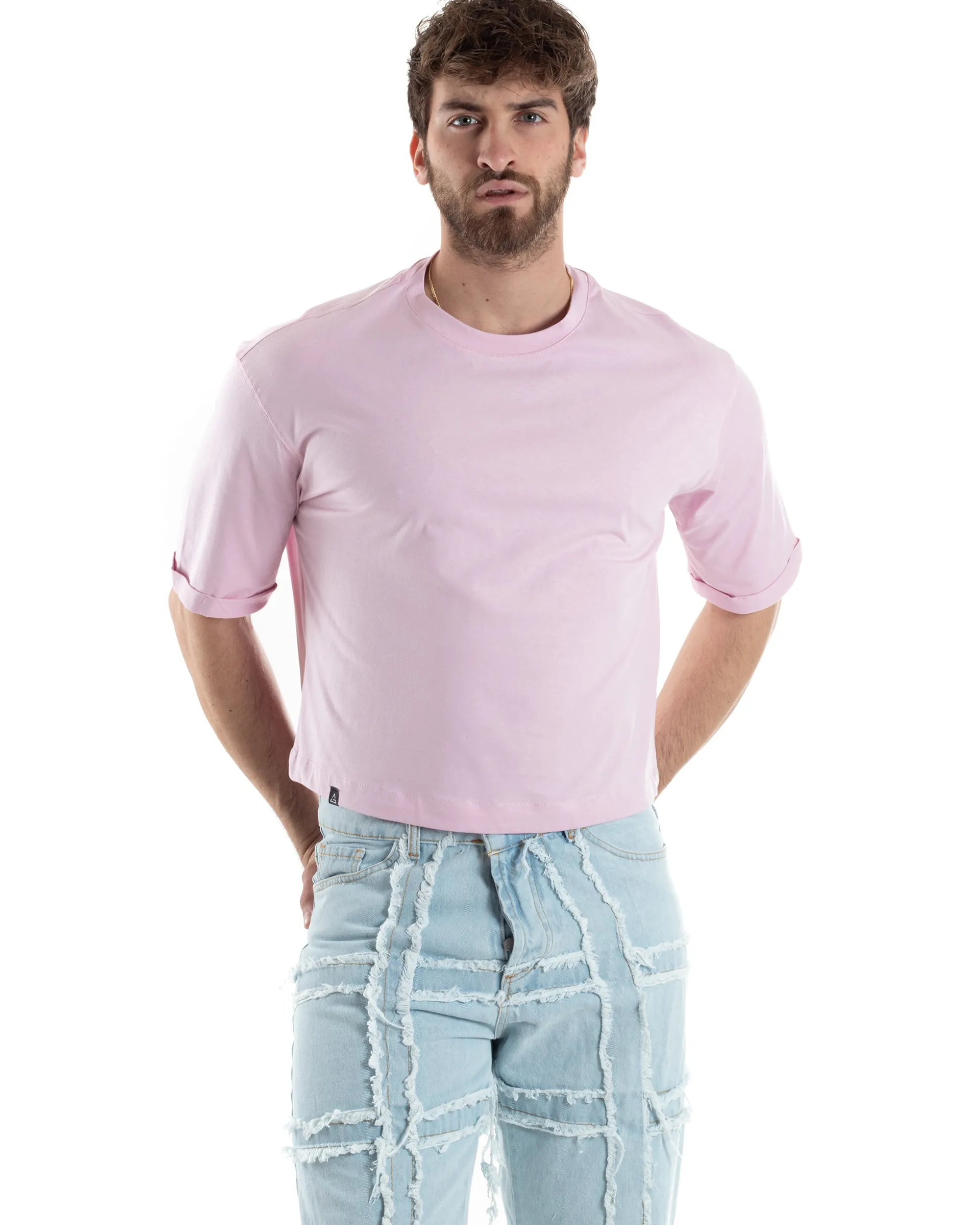 T-shirt Uomo Cropped Corta Boxy Fit Tinta Unita Rosa TS3003A