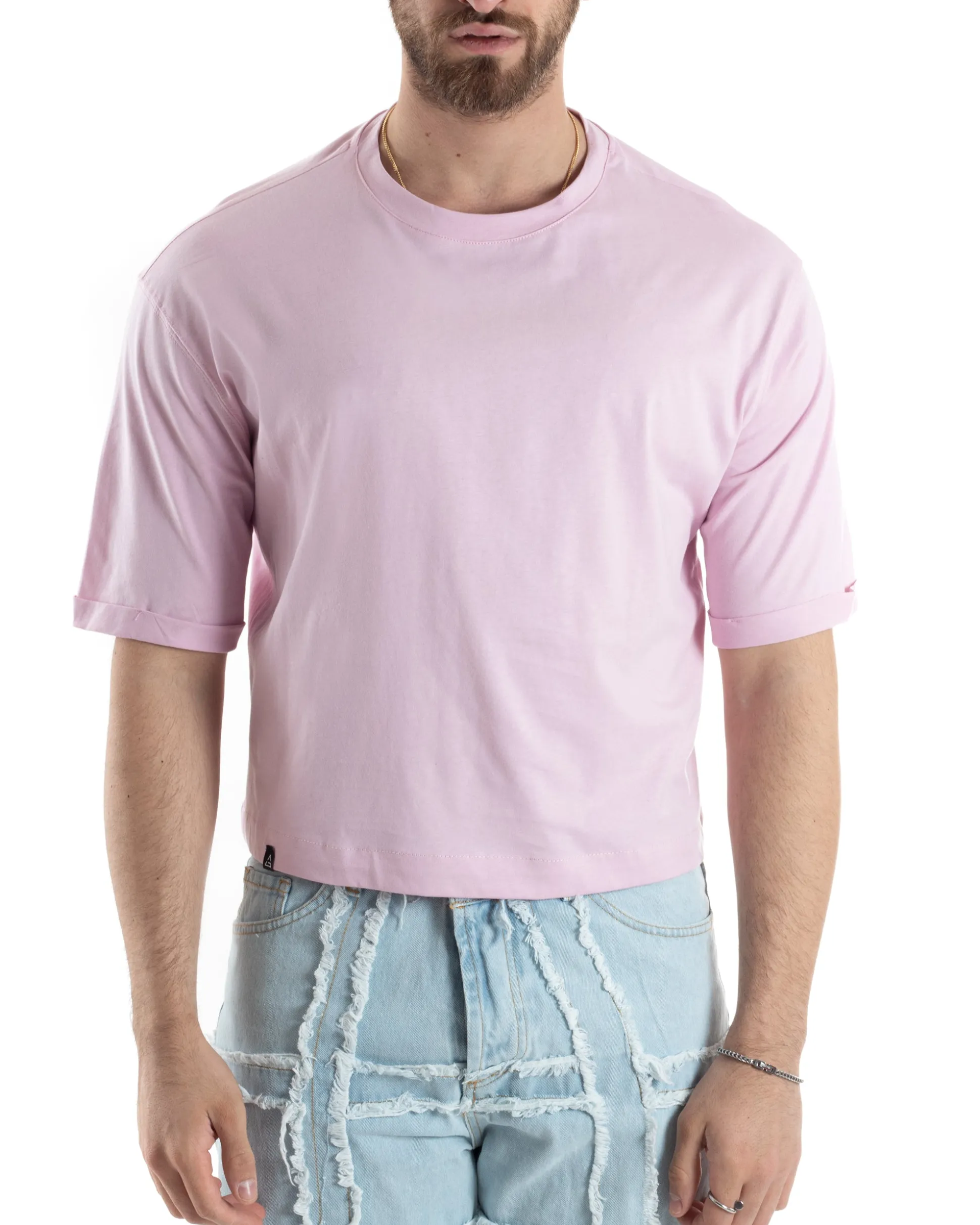 T-shirt Uomo Cropped Corta Boxy Fit Tinta Unita Rosa TS3003A