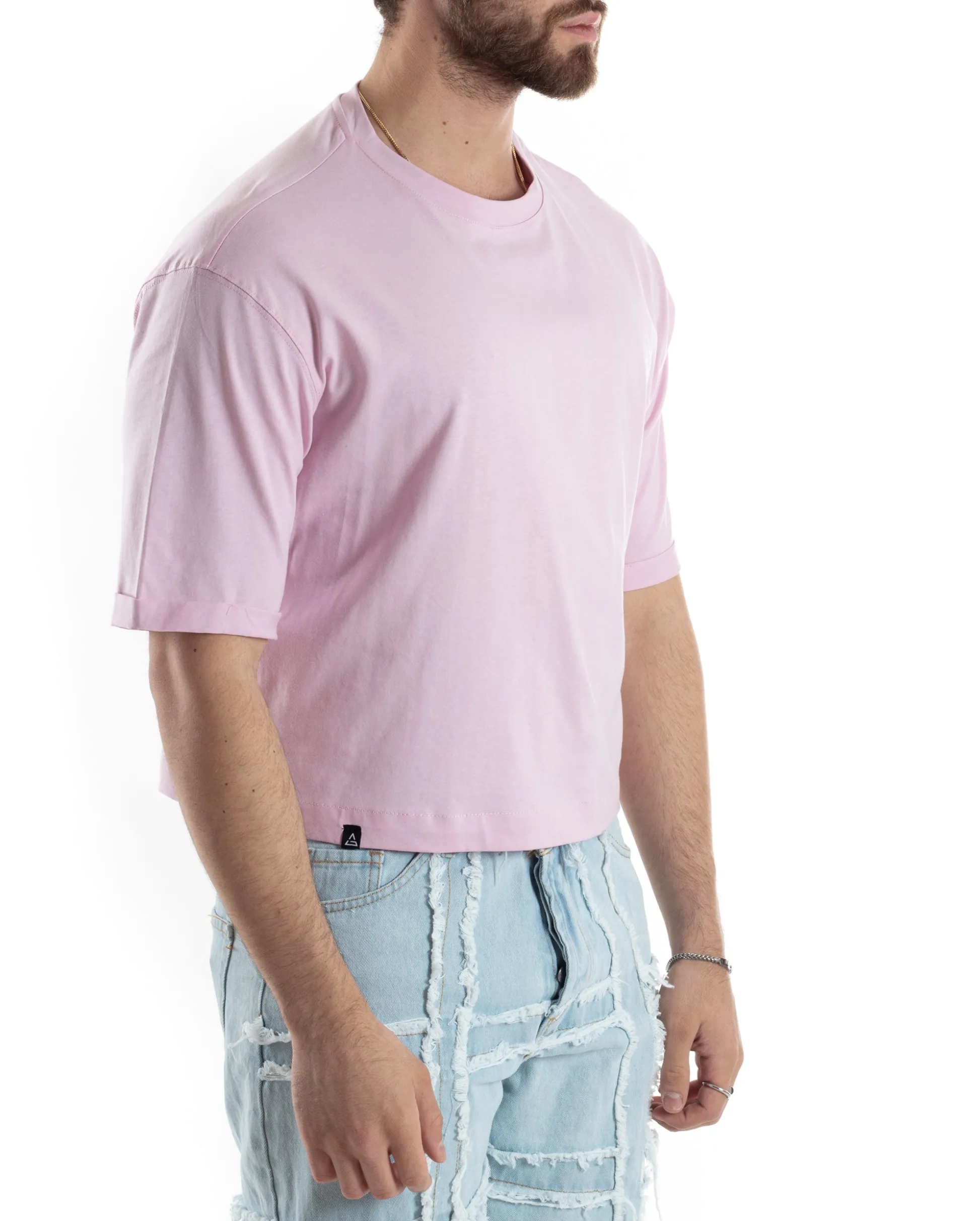 T-shirt Uomo Cropped Corta Boxy Fit Tinta Unita Rosa TS3003A