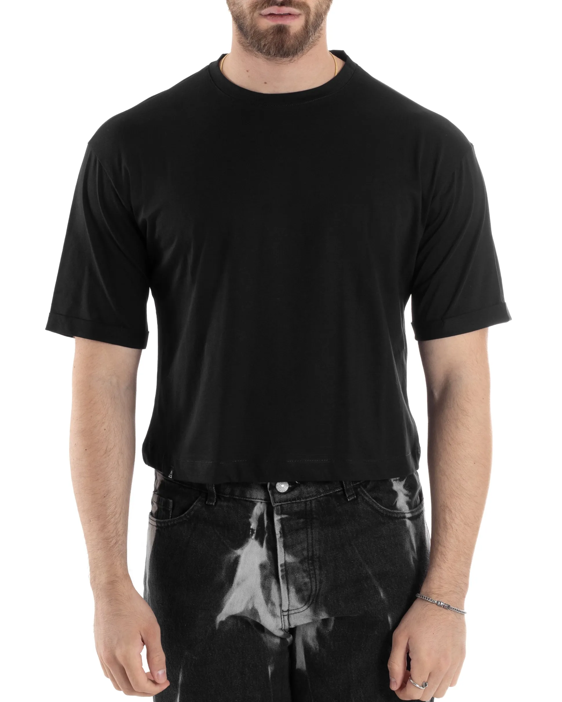 T-shirt Uomo Cropped Corta Boxy Fit Tinta Unita Nero TS3010A