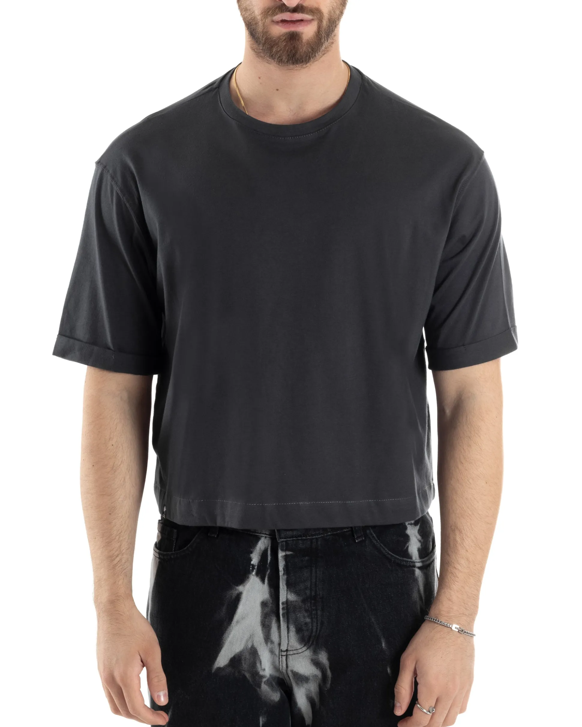 T-shirt Uomo Cropped Corta Boxy Fit Tinta Unita Piombo TS3005A