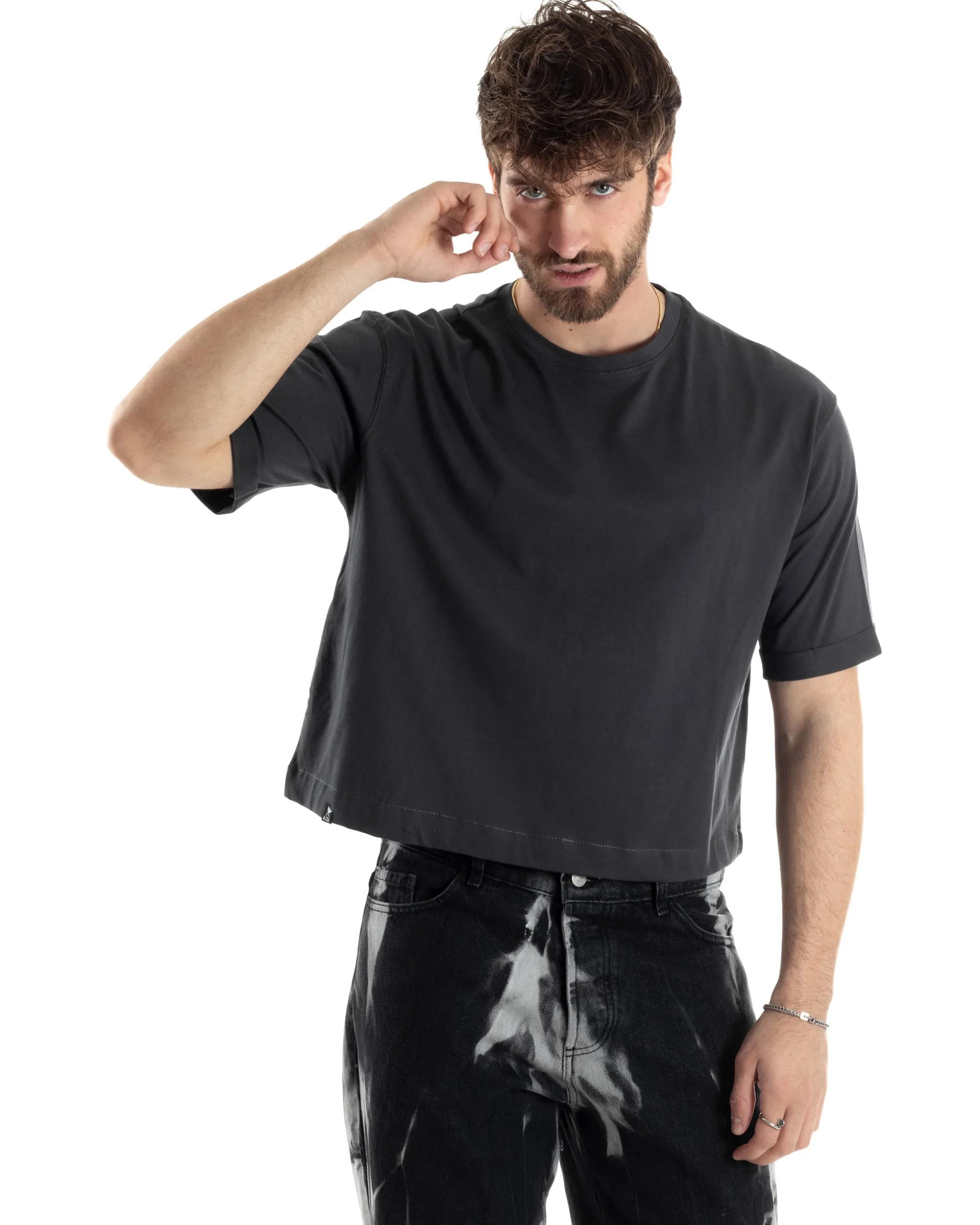 T-shirt Uomo Cropped Corta Boxy Fit Tinta Unita Piombo TS3005A