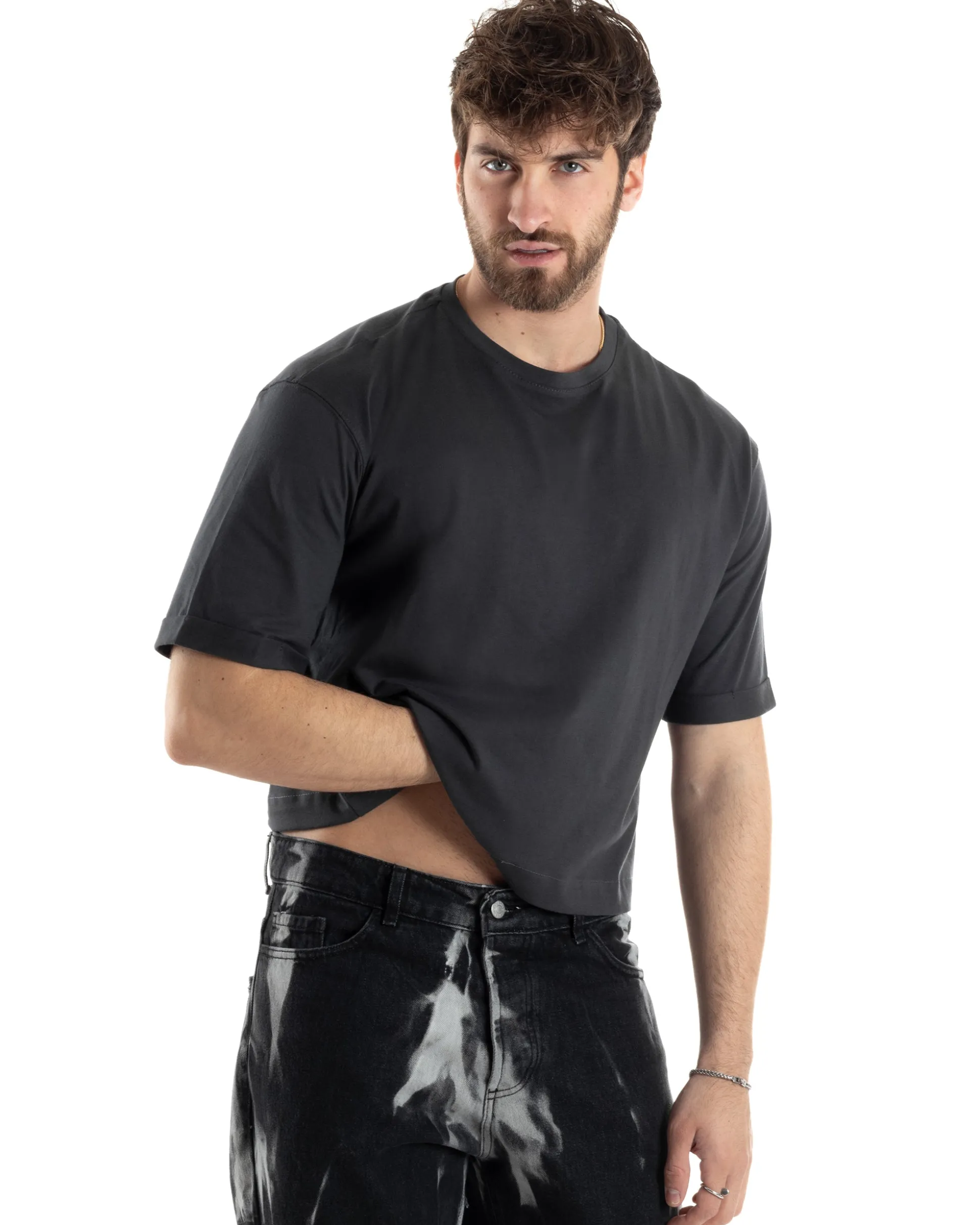 T-shirt Uomo Cropped Corta Boxy Fit Tinta Unita Piombo TS3005A