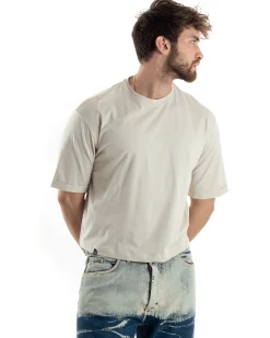 T-shirt Uomo Cropped Corta Boxy Fit Tinta Unita Beige TS3011A
