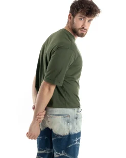 T-shirt Uomo Cropped Corta Boxy Fit Tinta Unita Verde TS3007A