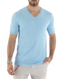 T-shirt Uomo Filo Maglia Scollo a V Celeste TS2865A