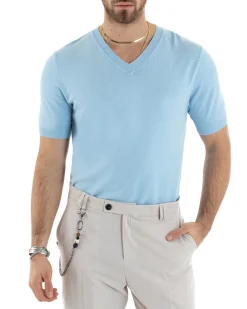 T-shirt Uomo Filo Maglia Scollo a V Celeste TS2865A