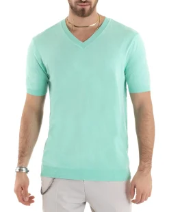 T-shirt Uomo Filo Maglia Scollo a V Verde Acqua TS2866A
