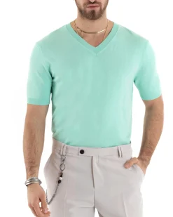 T-shirt Uomo Filo Maglia Scollo a V Verde Acqua TS2866A