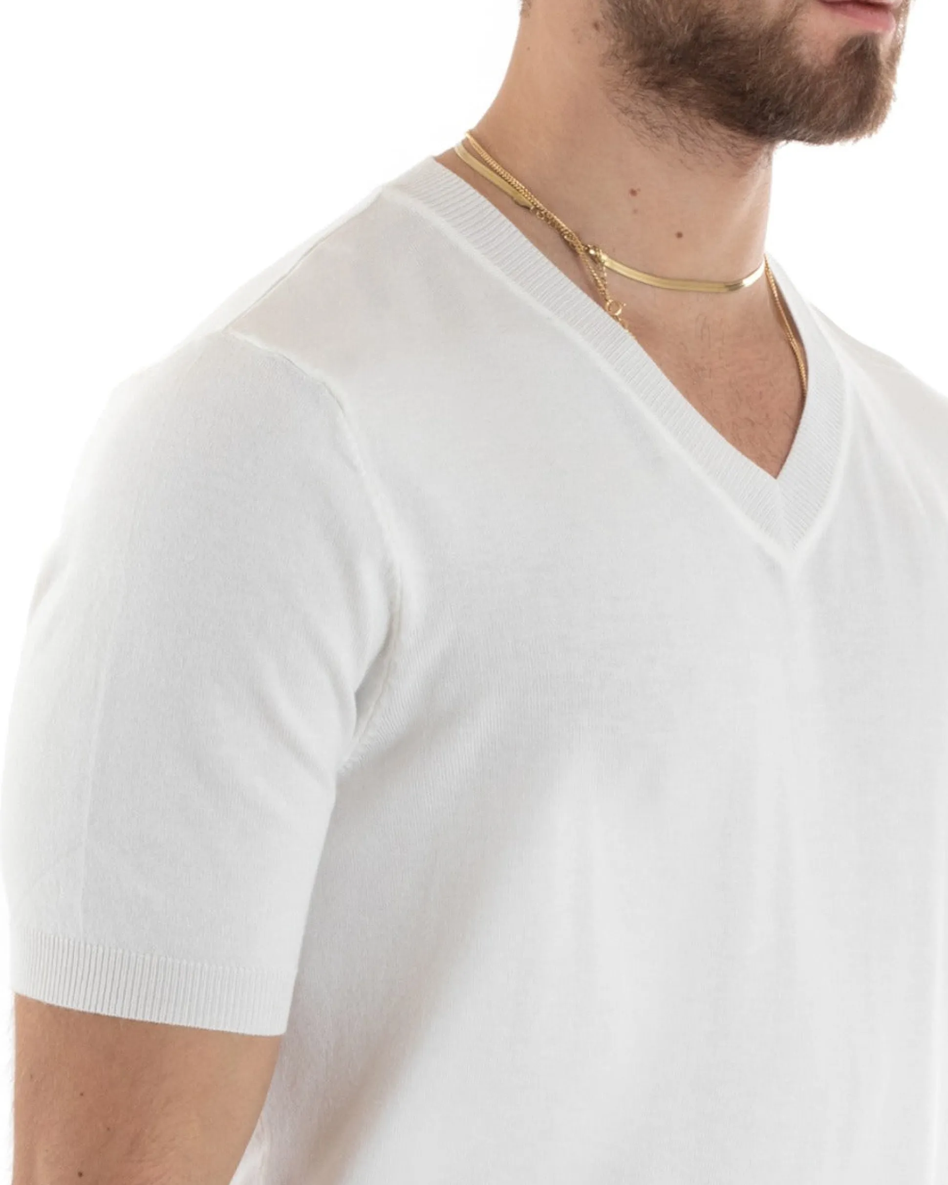 T-shirt Uomo Filo Maglia Scollo a V Bianco TS2868A