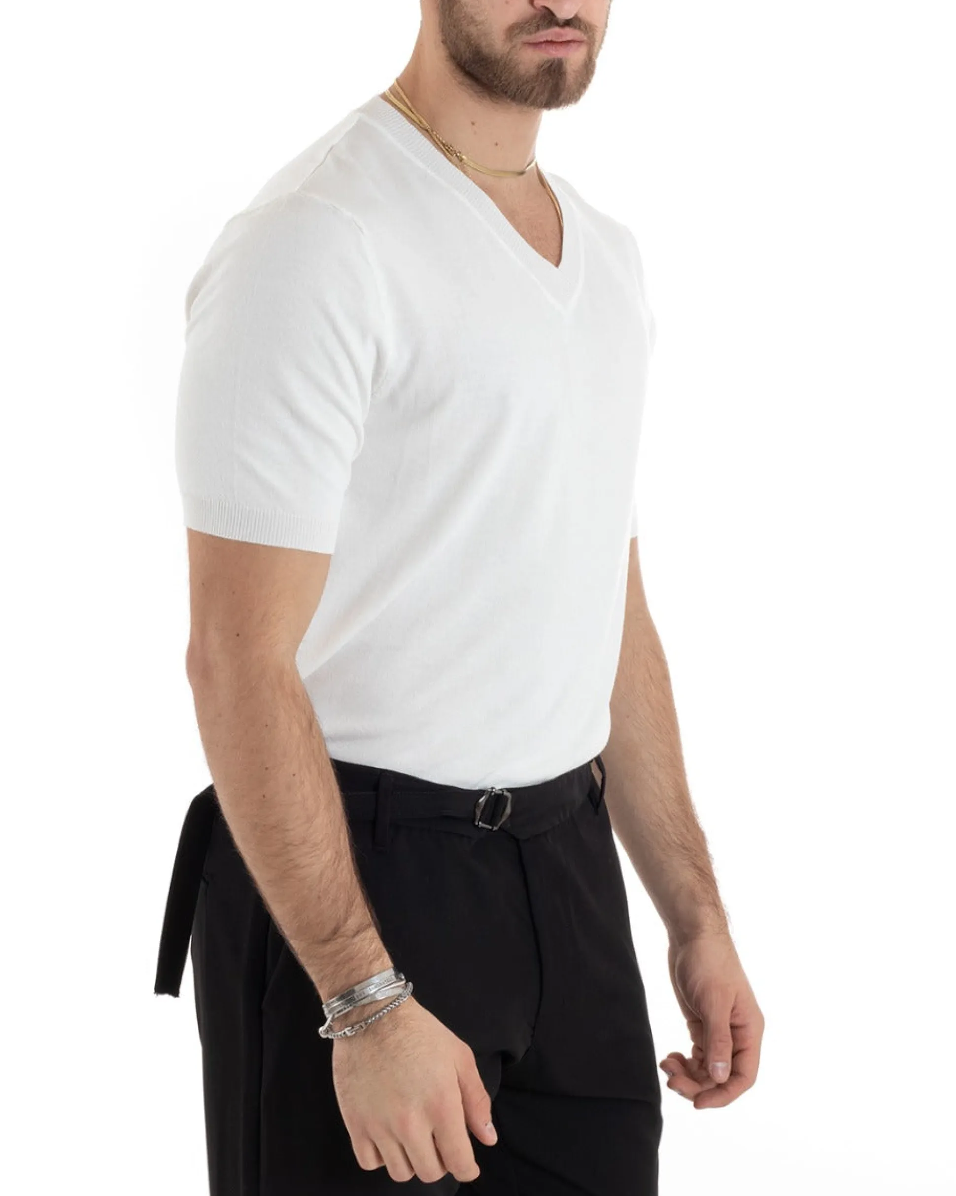 T-shirt Uomo Filo Maglia Scollo a V Bianco TS2868A