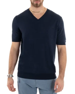 T-shirt Uomo Filo Maglia Scollo a V Blu TS2867A