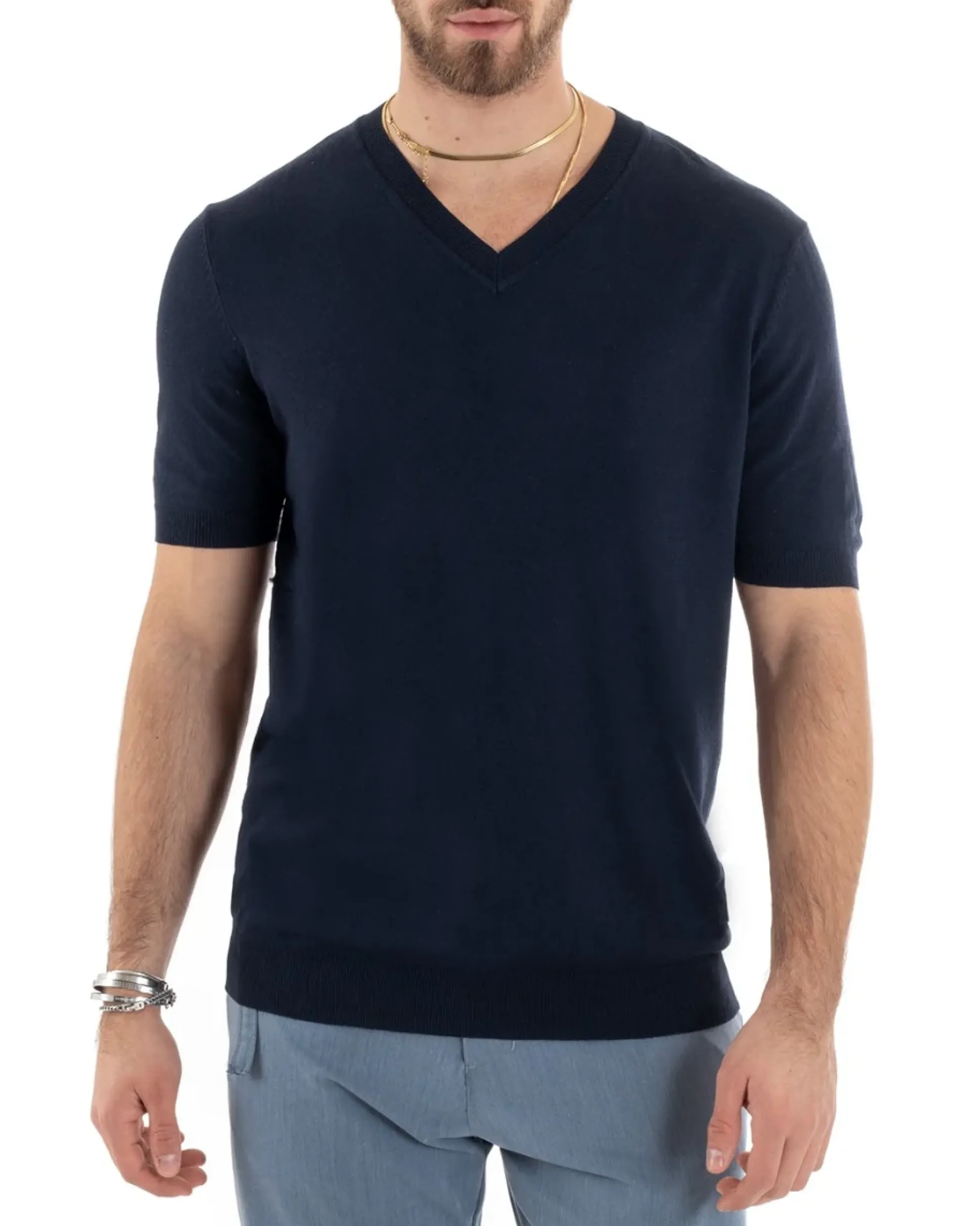 T-shirt Uomo Filo Maglia Scollo a V Blu TS2867A