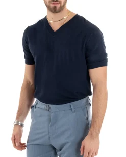 T-shirt Uomo Filo Maglia Scollo a V Blu TS2867A