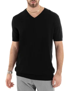 T-shirt Uomo Filo Maglia Scollo a V Nero TS2869A