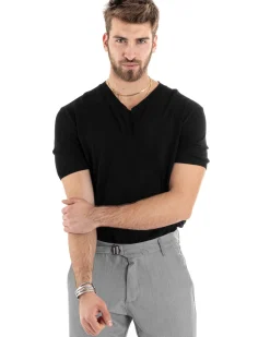 T-shirt Uomo Filo Maglia Scollo a V Nero TS2869A