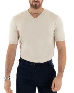 T-shirt Uomo Filo Maglia Scollo a V Beige TS2871A
