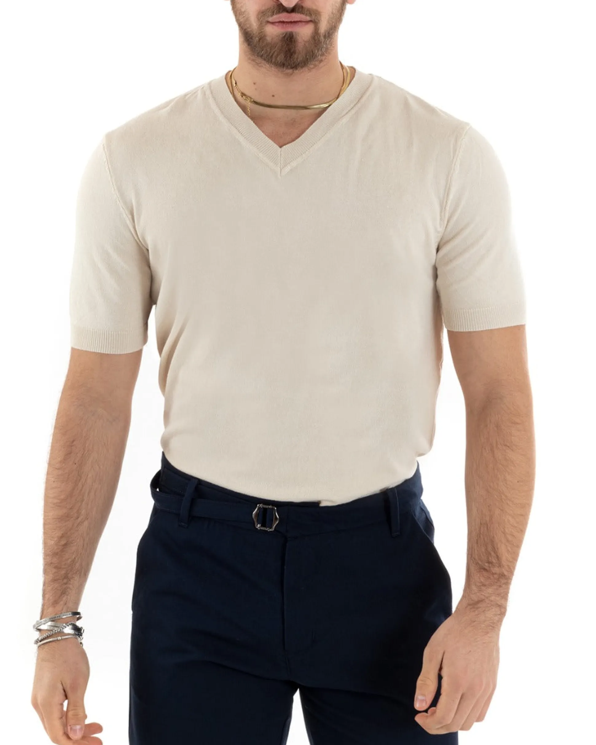 T-shirt Uomo Filo Maglia Scollo a V Beige TS2871A
