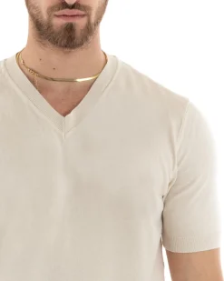 T-shirt Uomo Filo Maglia Scollo a V Beige TS2871A