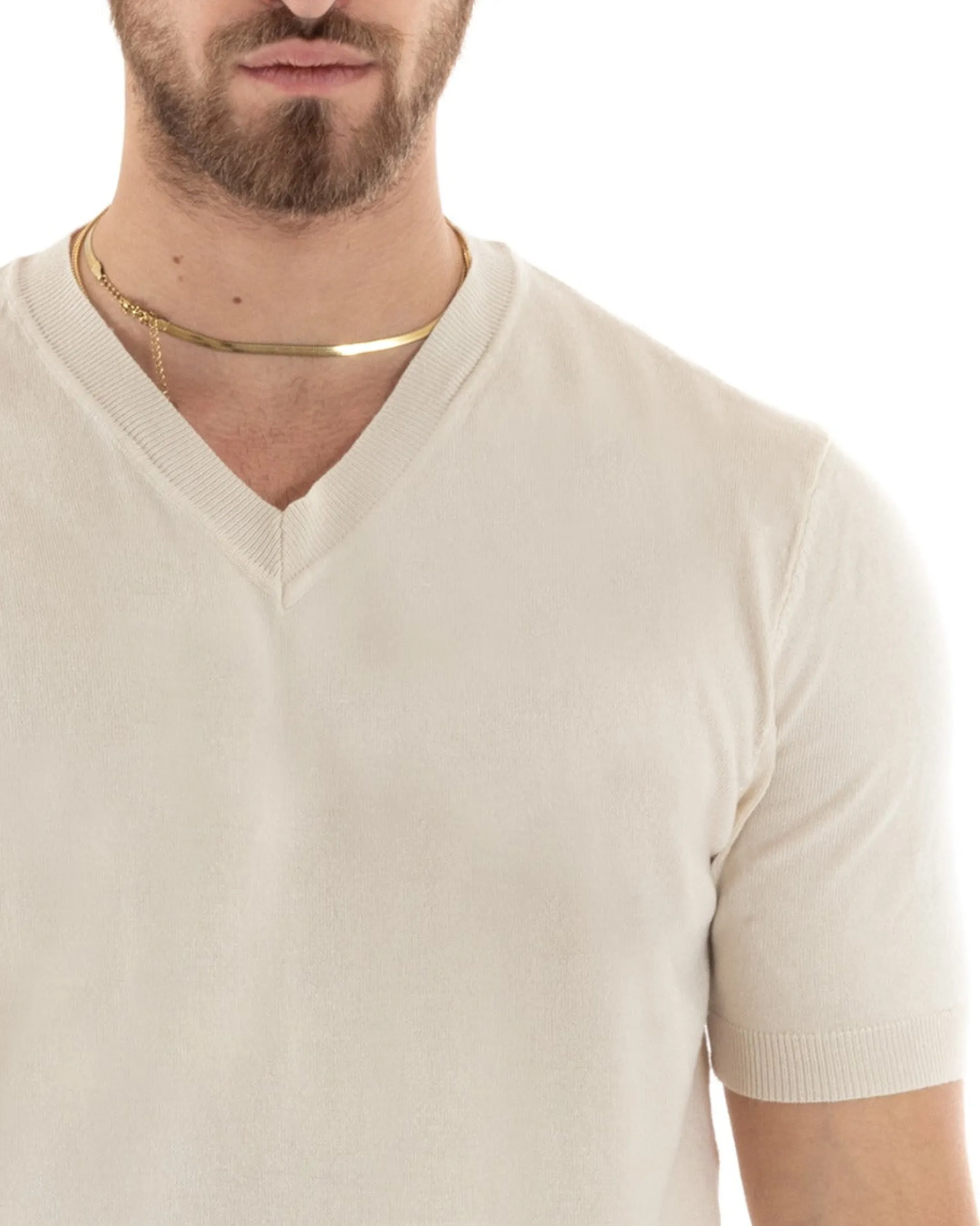 T-shirt Uomo Filo Maglia Scollo a V Beige TS2871A