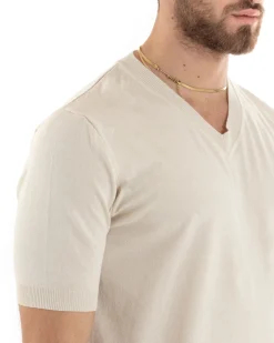T-shirt Uomo Filo Maglia Scollo a V Beige TS2871A