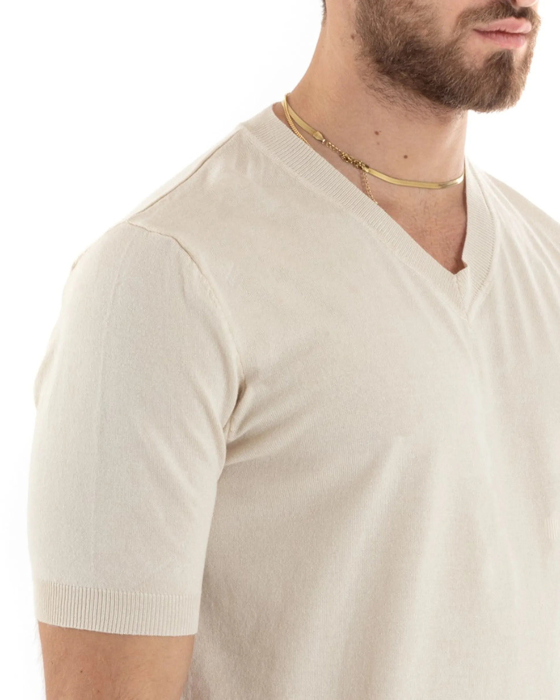 T-shirt Uomo Filo Maglia Scollo a V Beige TS2871A