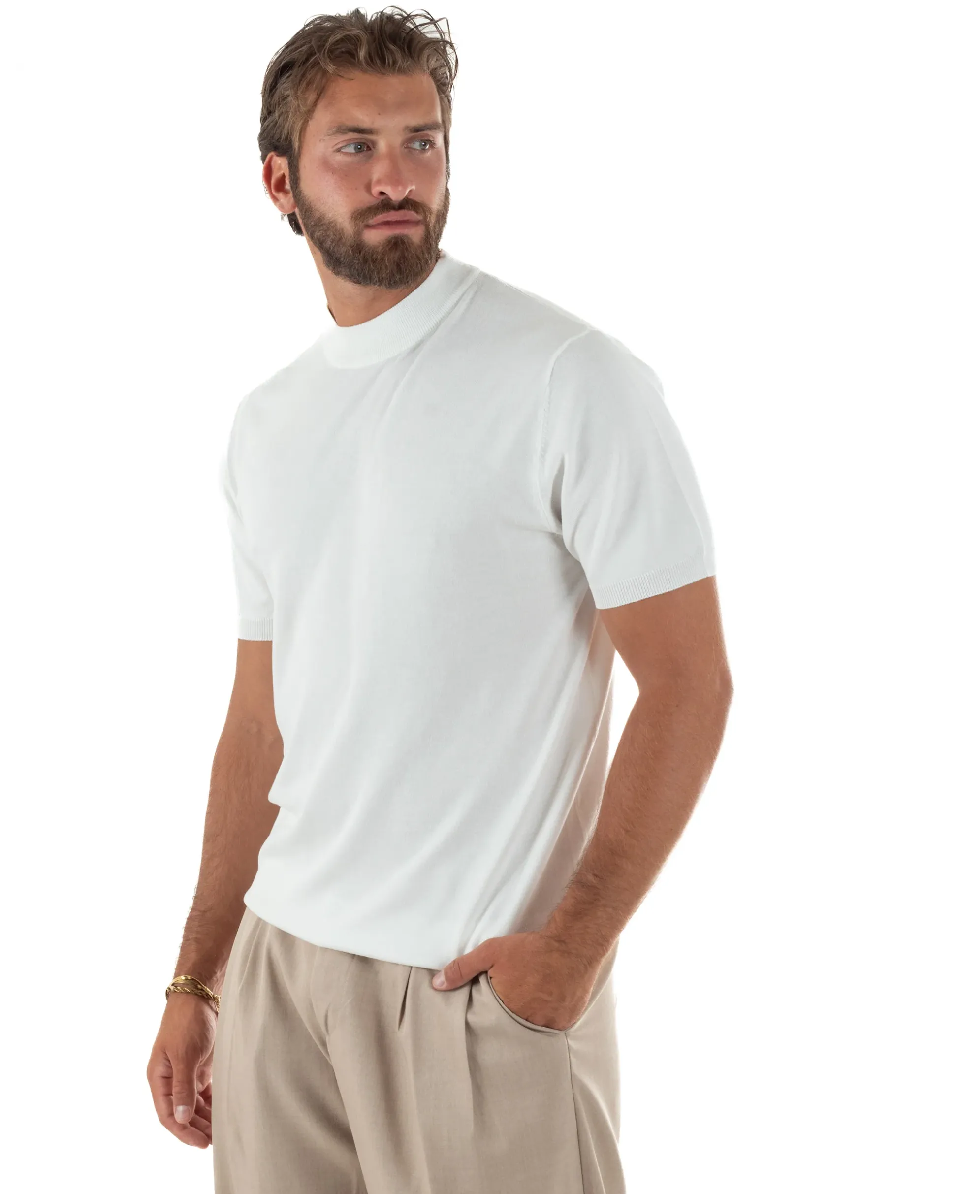 T-shirt uomo filo mezzocollo gola alta maglia basic sottogiacca bianco GIOSAL-TS3309A