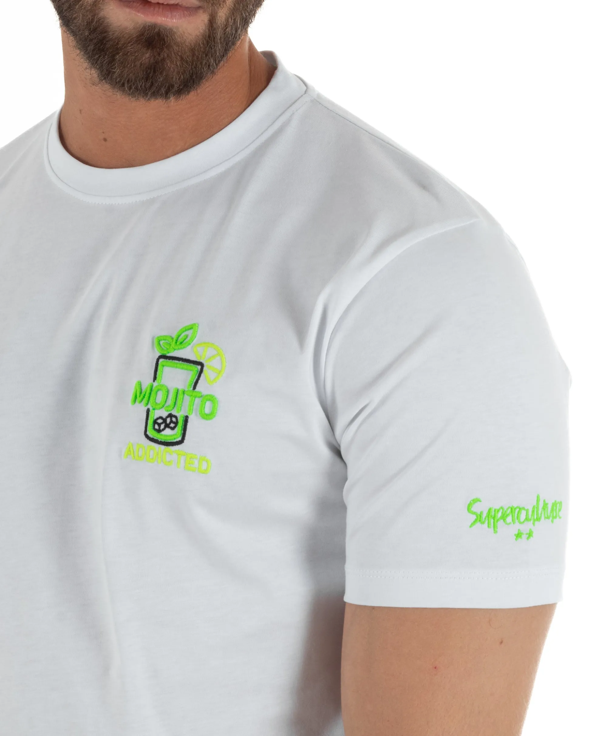 T-shirt uomo girocollo basic con ricamo Mojito Addicted leggera bianco SUPERCULTURE-A1843