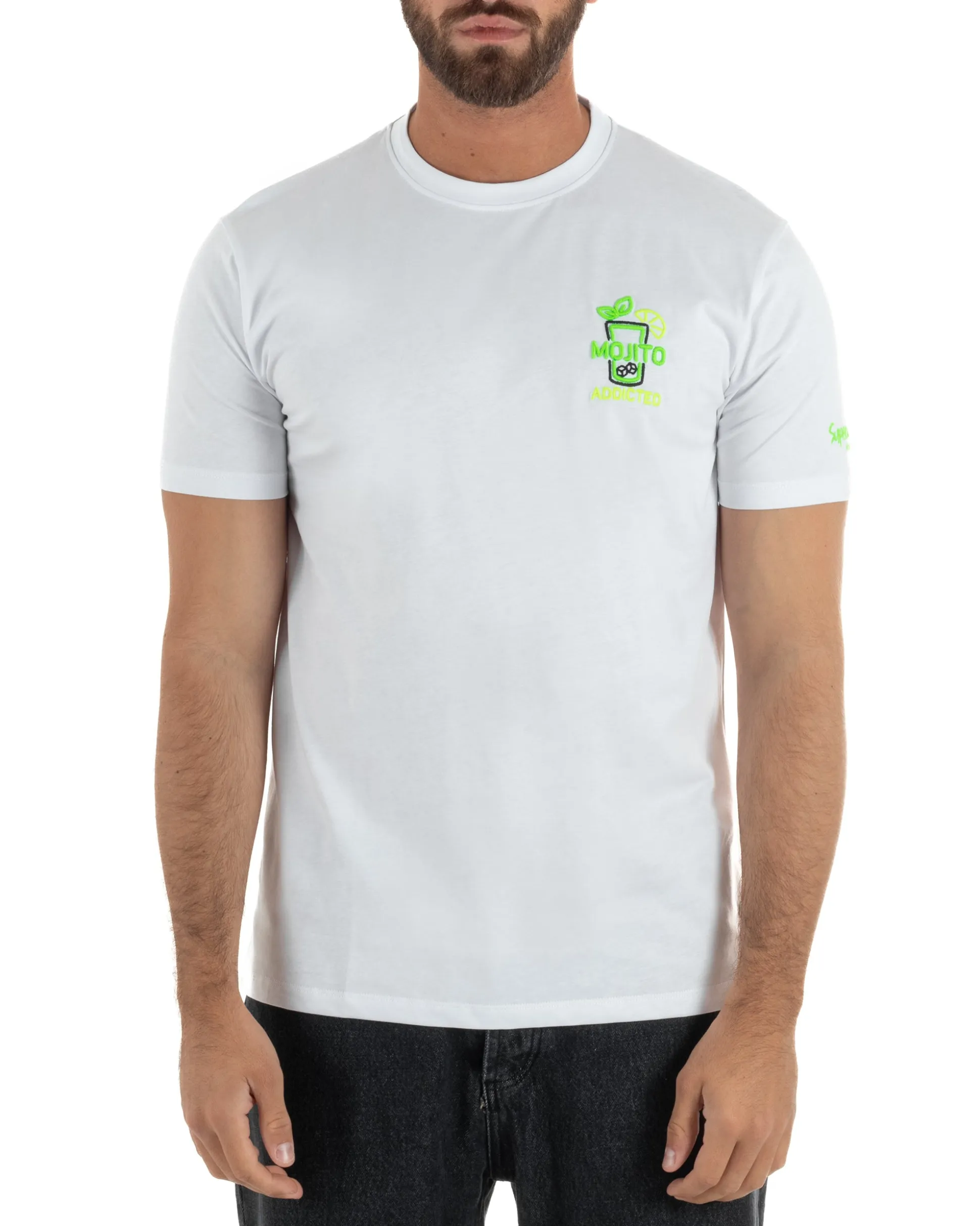 T-shirt uomo girocollo basic con ricamo Mojito Addicted leggera bianco SUPERCULTURE-A1843