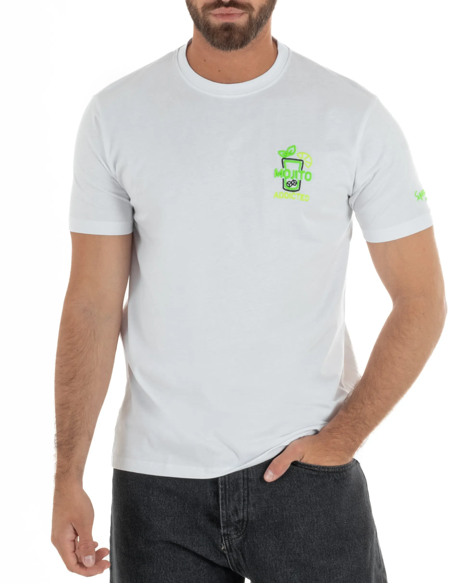 T-shirt uomo girocollo basic con ricamo Mojito Addicted leggera bianco SUPERCULTURE-A1843