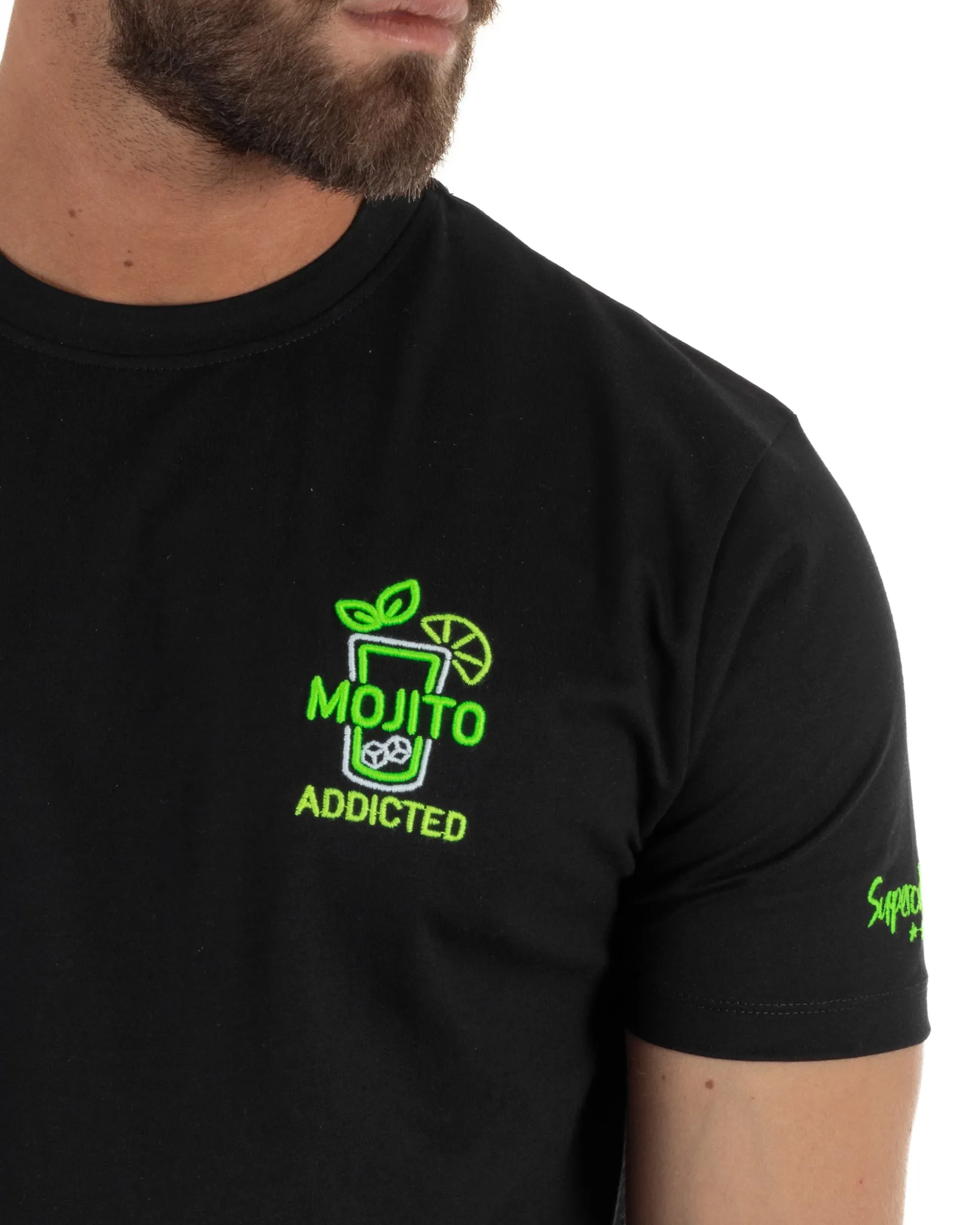 T-shirt uomo girocollo basic con ricamo Mojito Addicted leggera nero SUPERCULTURE-A1843