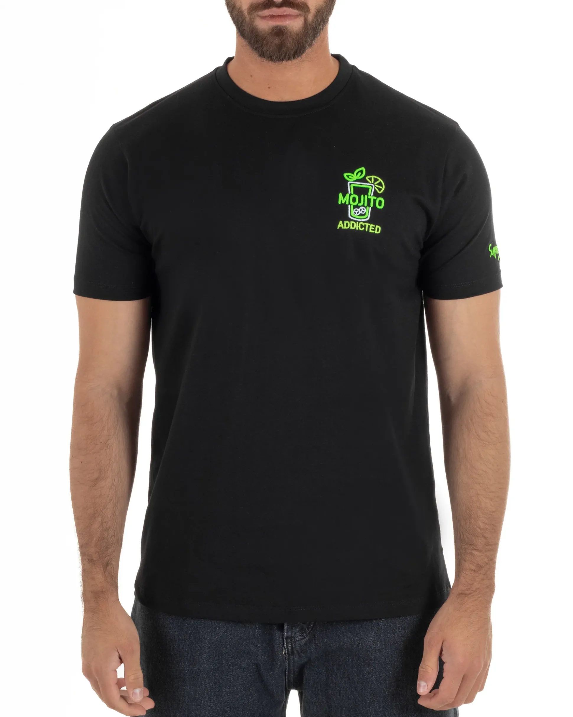T-shirt uomo girocollo basic con ricamo Mojito Addicted leggera nero SUPERCULTURE-A1843