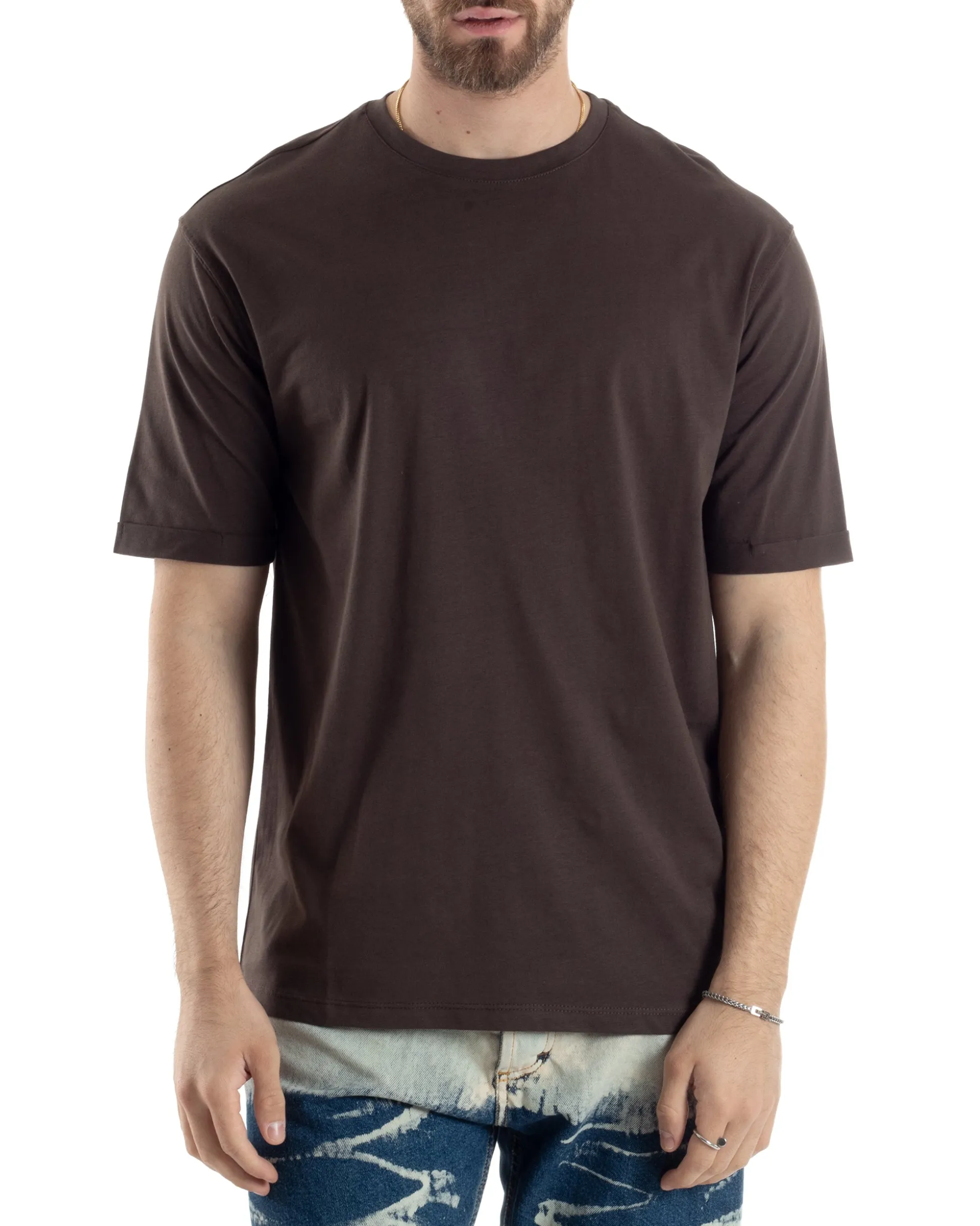T-shirt Uomo Girocollo Basic Regular Fit Tinta Unita Marrone TS3056A