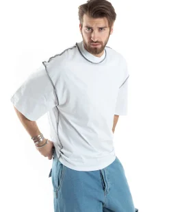 T-shirt Uomo Girocollo Boxy Fit Oversize Spalla Scesa Gola Alta Cuciture A Contrasto Cotone Bianco GIOSAL-TS3033A