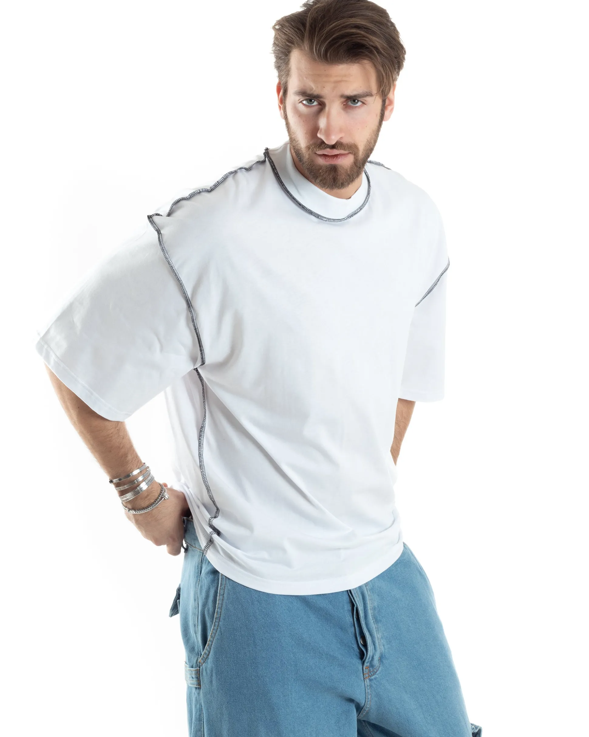 T-shirt Uomo Girocollo Boxy Fit Oversize Spalla Scesa Gola Alta Cuciture A Contrasto Cotone Bianco GIOSAL-TS3033A