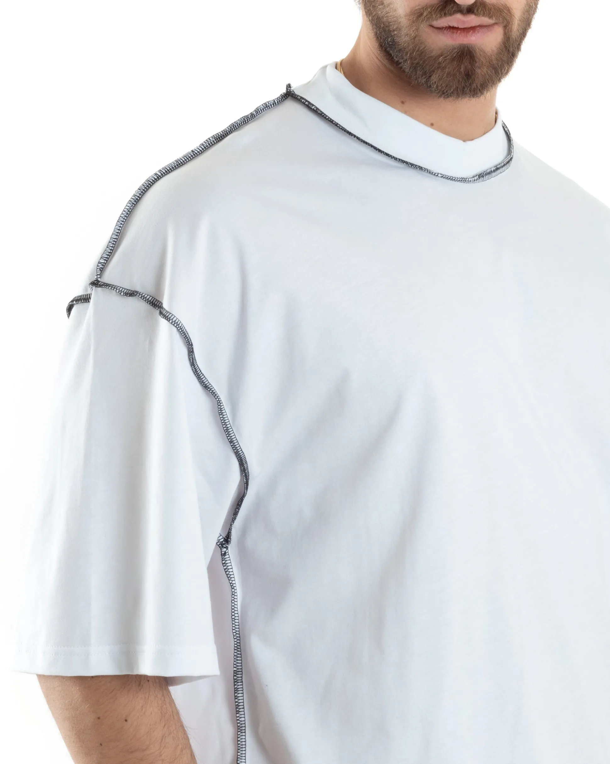 T-shirt Uomo Girocollo Boxy Fit Oversize Spalla Scesa Gola Alta Cuciture A Contrasto Cotone Bianco GIOSAL-TS3033A