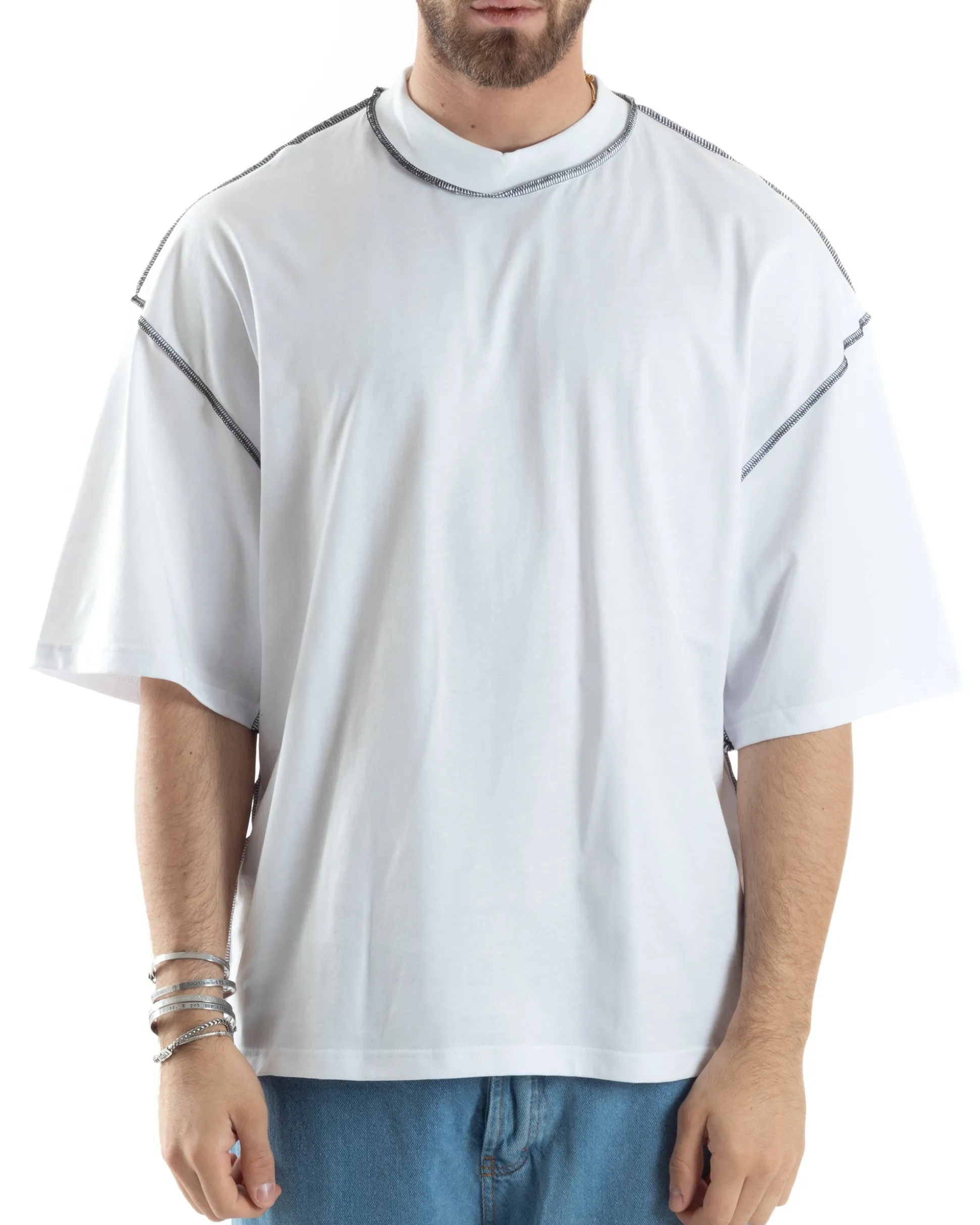 T-shirt Uomo Girocollo Boxy Fit Oversize Spalla Scesa Gola Alta Cuciture A Contrasto Cotone Bianco GIOSAL-TS3033A