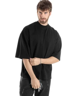 T-shirt Uomo Girocollo Boxy Fit Oversize Cotone Spalla Scesa Gola Alta Casual Basic Nero GIOSAL-TS3023A