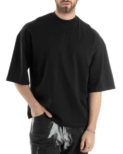T-shirt Uomo Girocollo Boxy Fit Oversize Cotone Spalla Scesa Gola Alta Casual Basic Nero GIOSAL-TS3023A