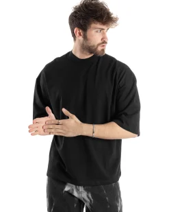 T-shirt Uomo Girocollo Boxy Fit Oversize Cotone Spalla Scesa Gola Alta Casual Basic Nero GIOSAL-TS3023A
