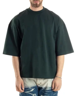 T-shirt Uomo Girocollo Boxy Fit Oversize Cotone Spalla Scesa Gola Alta Casual Basic Verde GIOSAL-TS3026A