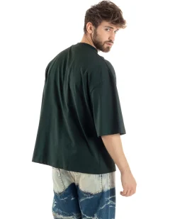 T-shirt Uomo Girocollo Boxy Fit Oversize Cotone Spalla Scesa Gola Alta Casual Basic Verde GIOSAL-TS3026A